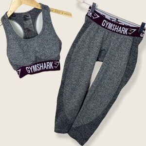 Gymshark Flex Matching Set Crop Leggings Sports Bra Grey Plum Size XS Fitness‎